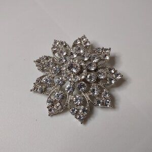 Silver Tone Flower Brooch With Clear Stones